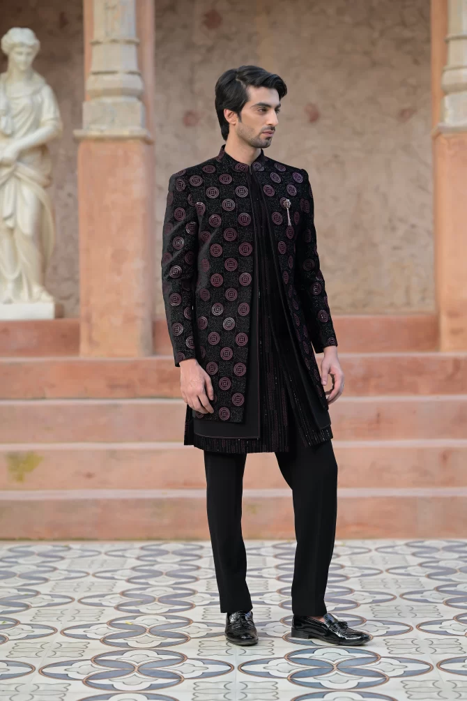 Black & Red Sequined Heavy Embroidery 3 Piece Indo-Western