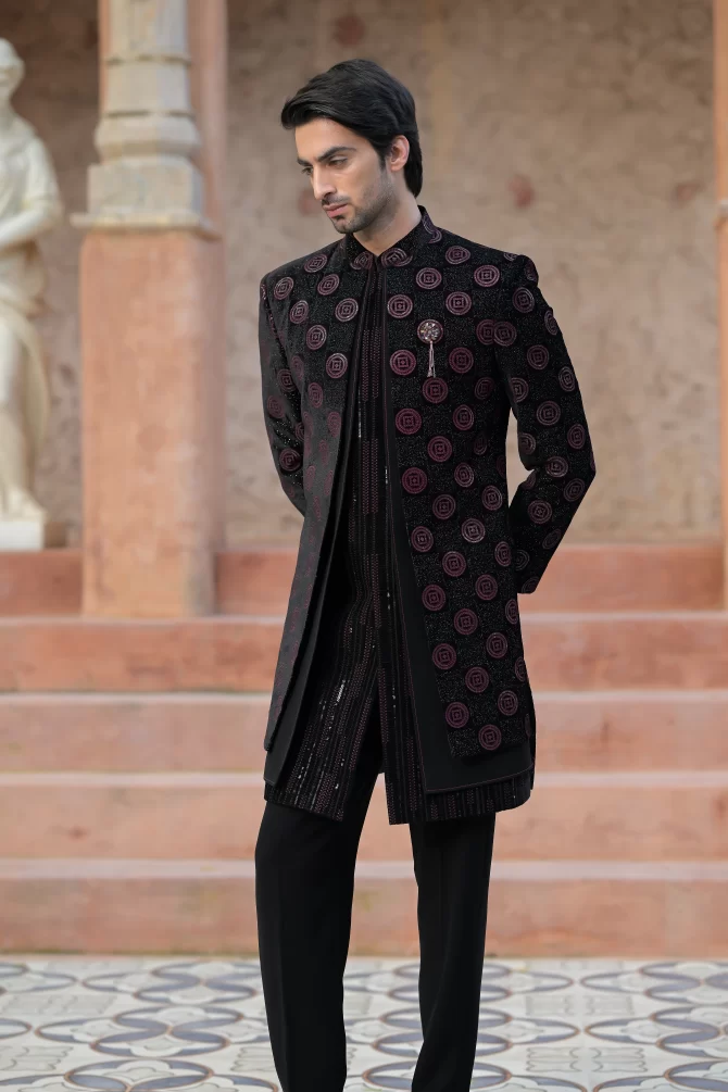 Black & Red Sequined Heavy Embroidery 3 Piece Indo-Western