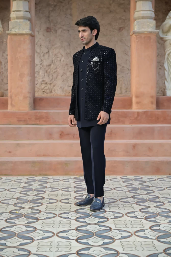 Black Sequined Embroidered Royal Outfits