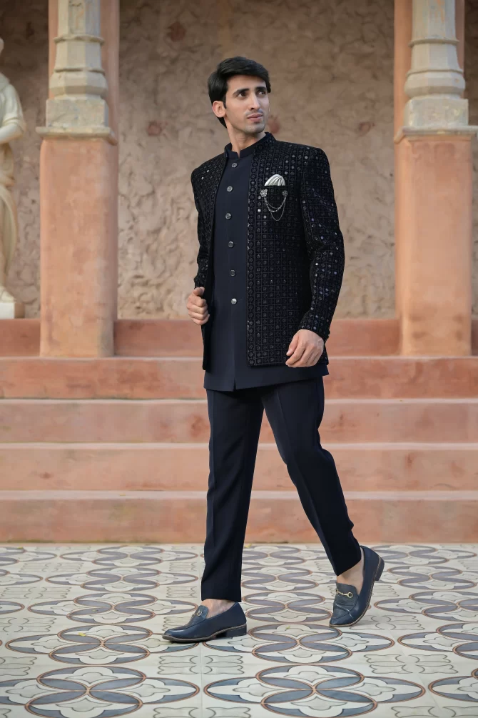 Black Sequined Embroidered Royal Outfits